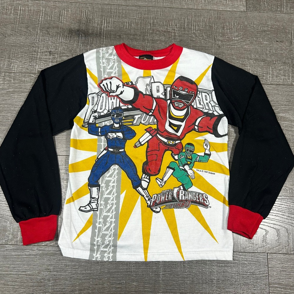 Vintage 1997 Power Rangers Turbo Long Sleeve Shirt Kids Size 12 Red Blue Green